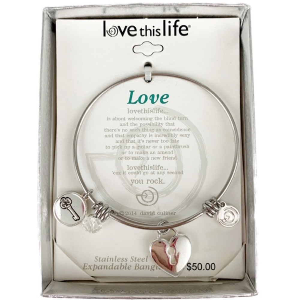Love This Life Bracelet Bangle Expandable Stainless Steel Heart Charm 25$